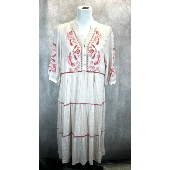 Anthro Fig & Flower Embroidered Dress Women's L Oatmeal/Red 1/4 Sleeve Maxi Boho - Picture 1 of 10